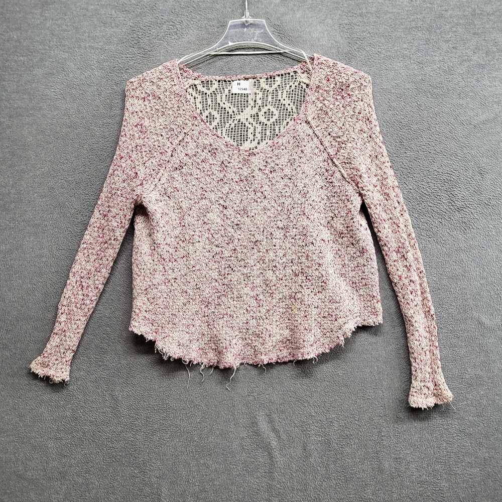 Free People Women Sweater XS Pink Poppy Seed Yard Open Knit Mesh Sheer Pullover